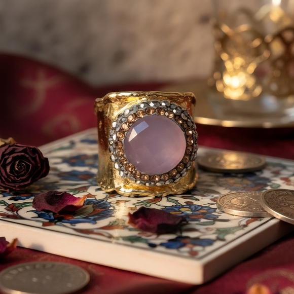🆕️Boho Luxe Handmade Turkish Gold-Plated Wide Ring With Pink Cat’s Eye Hematite - Picture 7 of 12